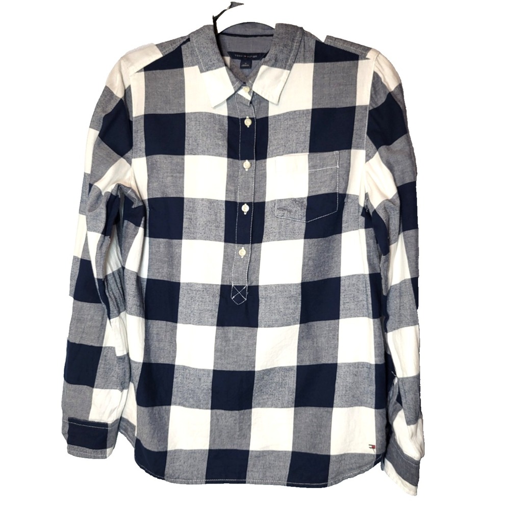 Tommy Hilfiger Blue Check Flannel 1/2 Button Up Long Sleeves Shirt Medium Preppy